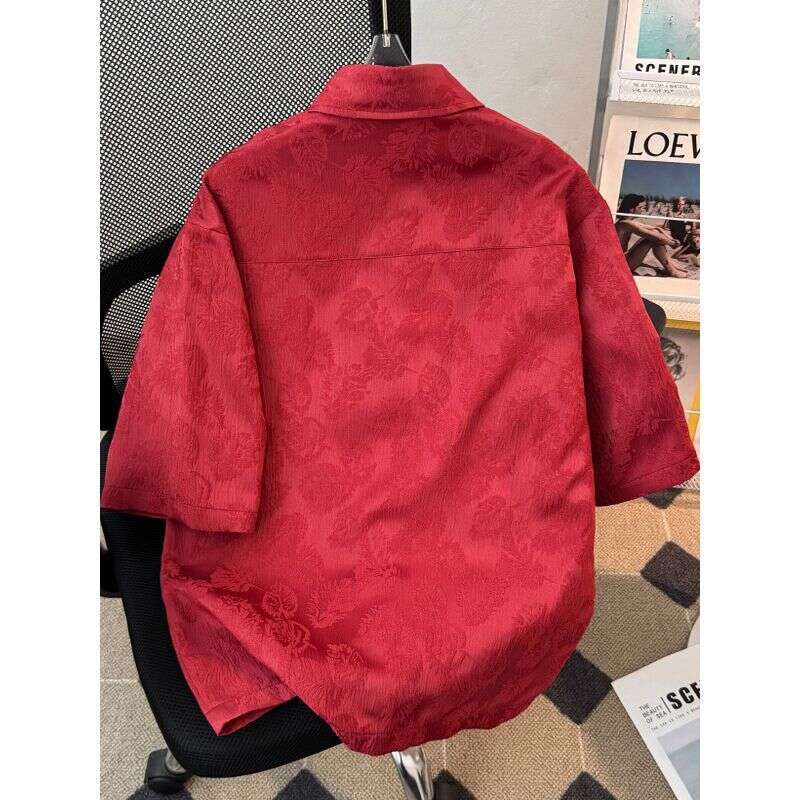 Plus Size 230 Chinese Style New Traditional Jacquard Red Short-Sleeve With Button Detail For Men And Women, Summer High-End Casual Shirt Asia Size