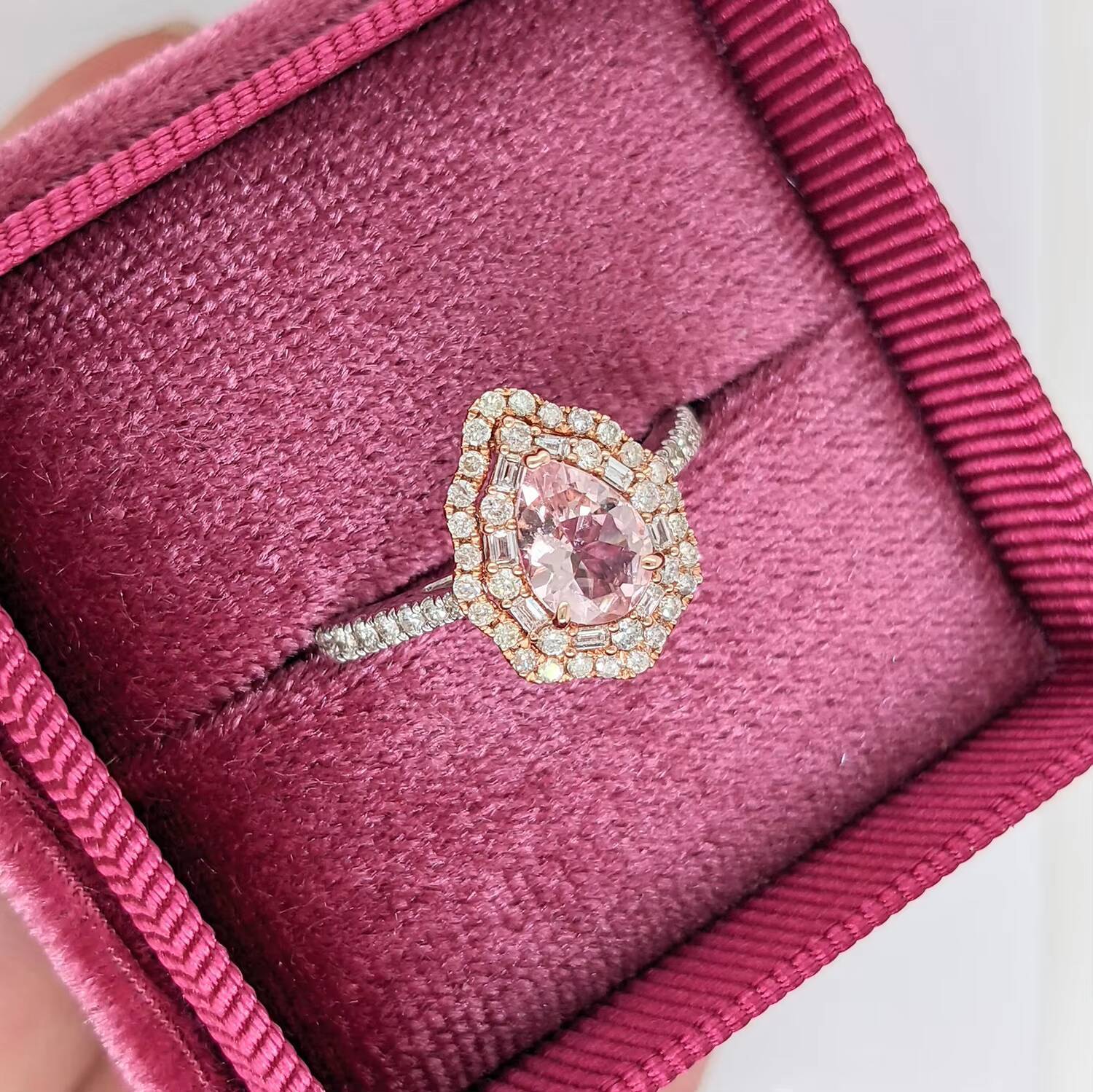 Pink Morganite 14K White Gold Classic Engagement Wedding Ring with Pear Cut 7x5mm Baguette and Round Diamonds