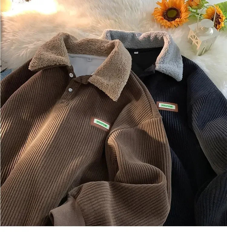 Vintage Loose Velvet Thickened Corduroy Button Hooded Sweatshirts Women Hoodies Autumn Winter Y2K Pullover Warm Contrasting Tops 260304