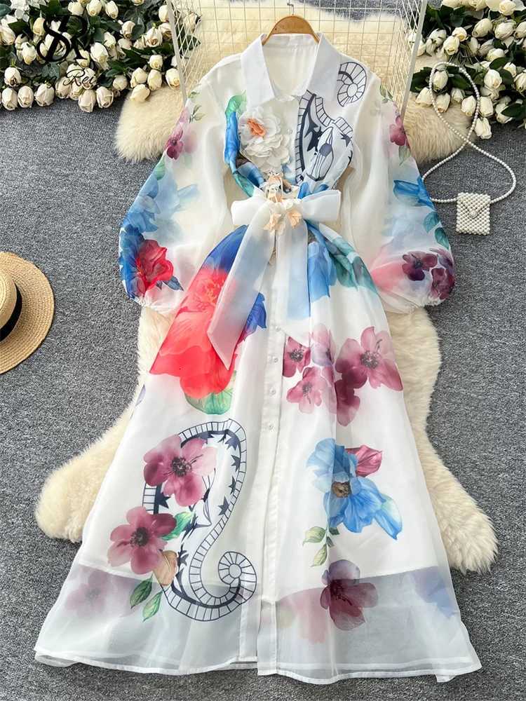 SINGREINY High Quality 3D Floral Dress Female Single Breasted Puff Sleeves Chic French Vintage Senior Organza Print Long Dress X260306