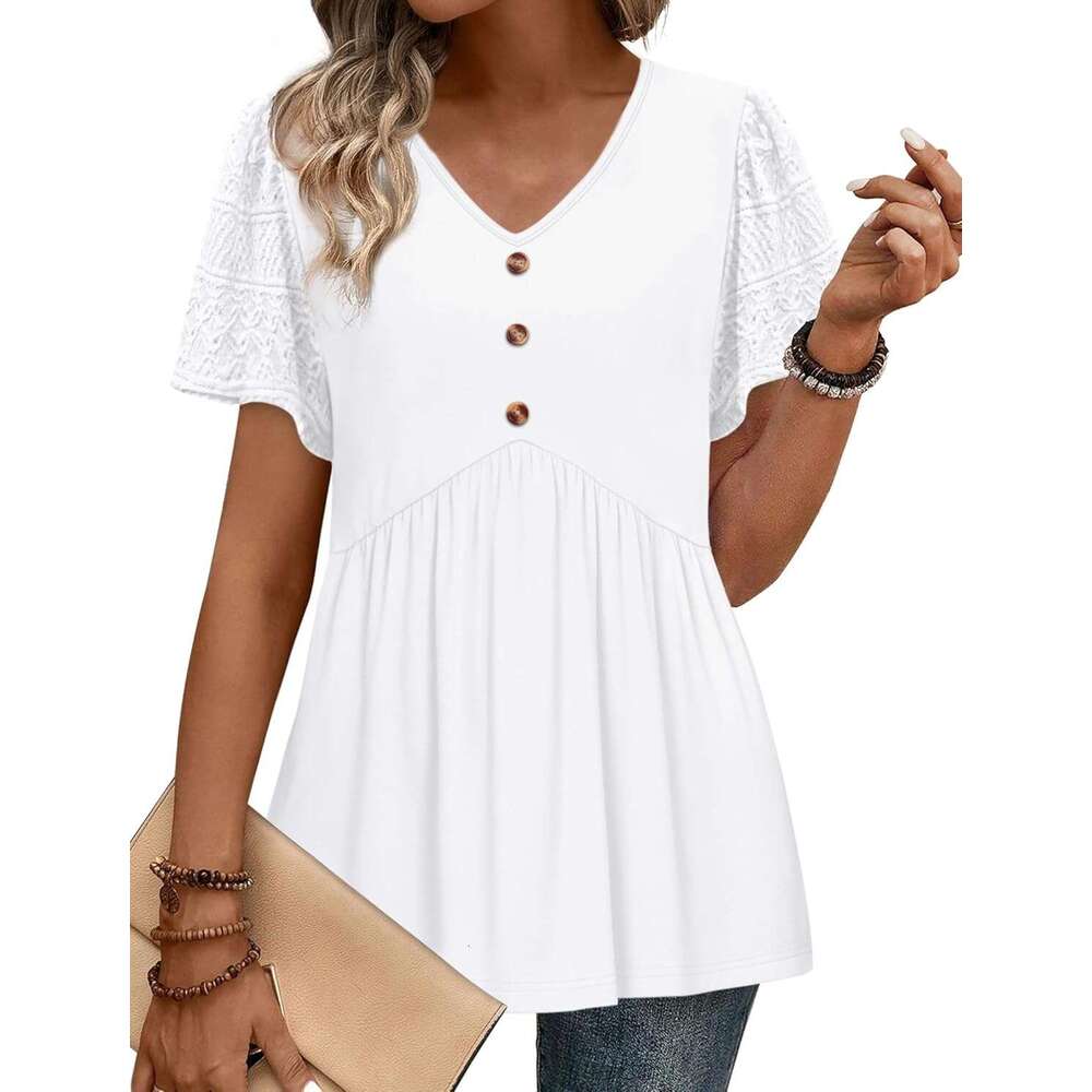 Womens Designer Summer Babydoll Short Button Down Lace Sleeve Peplum Tunic Tops V Neck T Shirts