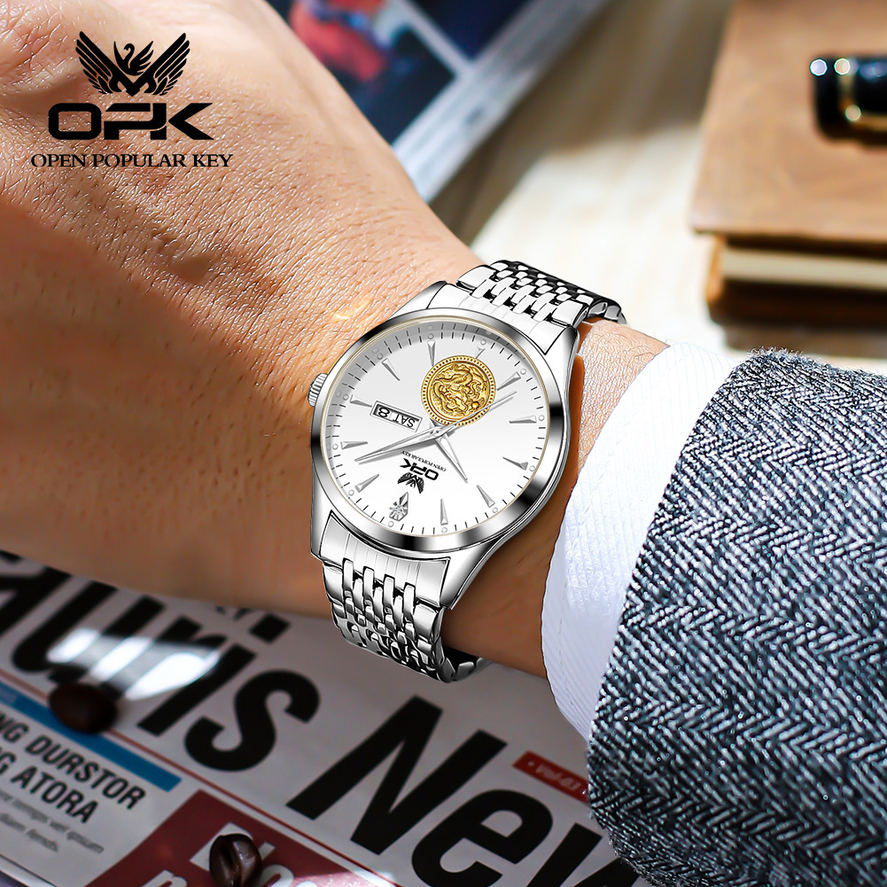 New OPK brand watch waterproof luminous dual calendar steel strap genuine men's watch popular in Europe and America men's luxury watch