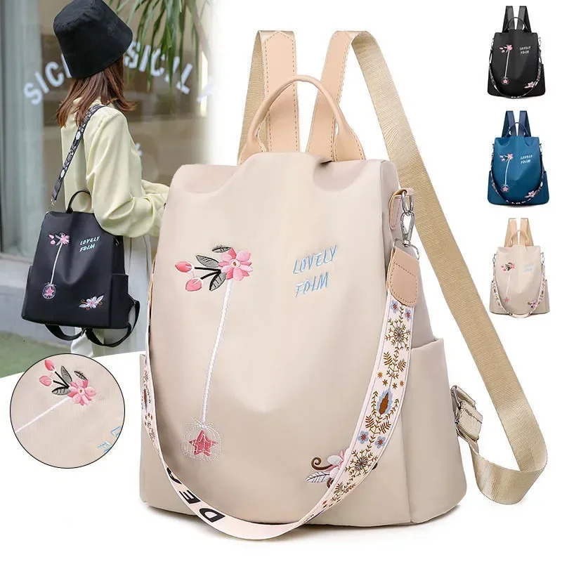 Waterproof Oxford Embroidery Women Backpack Fashion Anti-theft Large Capacity Female Travel Casual Backpacks School Laptop Bag260228