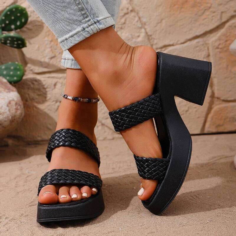 2026 Summer New Solid Color Simple High Sandals Fashion Open Toe Thick Slippers Casual Coarse Heel Women's Shoes