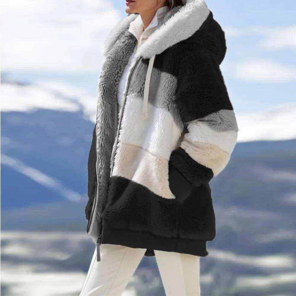 Winter Fashion Women's Coat 2025 Hooded Zipper Spliced Thick Cashmere Women Jacket Stitching Plaid Ladies Coats