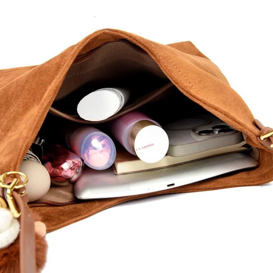 Genuine Womens Top Quality Suede Hobo Bag Large Capacity Shoulder Bag with Pom Charm Fits A4 Tablet for Daily Use 2026 H260306