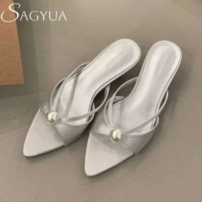 High Heels Slippers Women Bead Pointed Sandals Shoes Summer 2025 Trend Sexy Open Toe Woman Brand Designer Sandalias Pumps