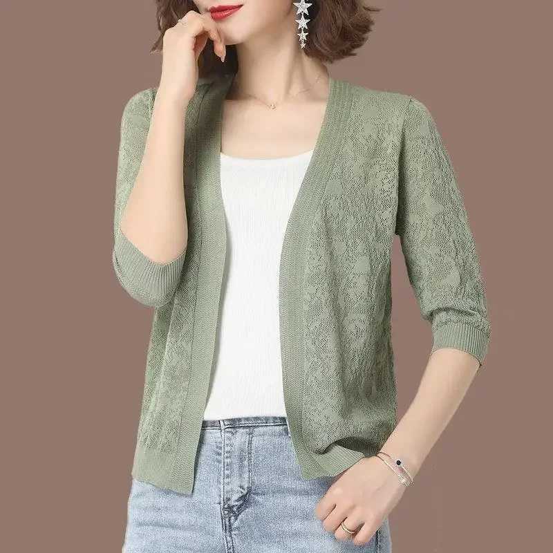 Oversized 2XL Summer Knit Cardigan Coats Korean Elegant Lace Hollow Out Sunscreen Tops Half Sleeve Jackets Cropped Cardigan M260306
