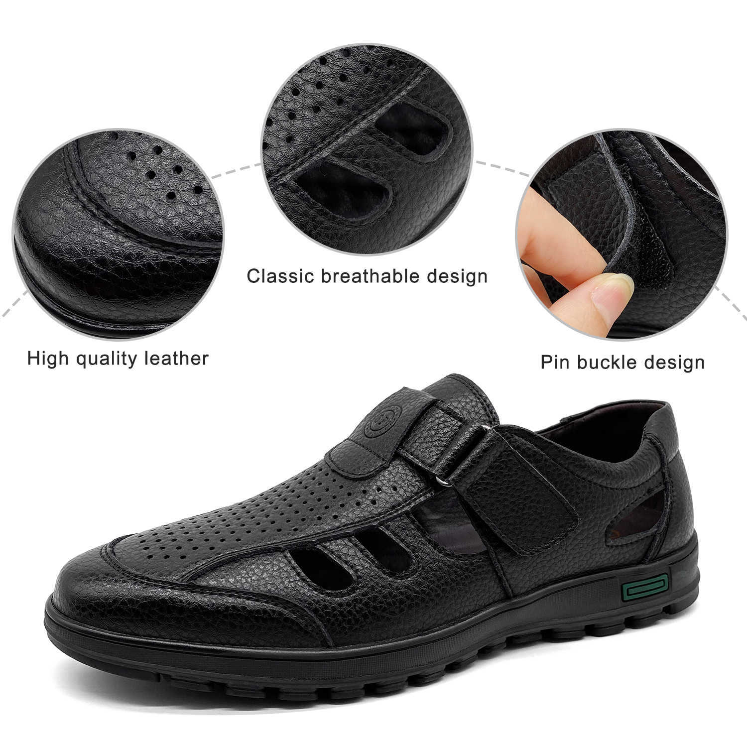 Men's Breathable Leather Open-toe Sandals With Adjustable Non-slip Rubber Soles Comfortable Casual Summer Walking Shoes Closed-toe Strap Sandals