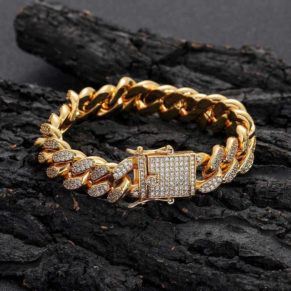 European and American Hip Hop Zircon Bracelet 12mm Double Row Full Diamond Cuban Chain Real Gold Plated High-Quality Men's Jewelry