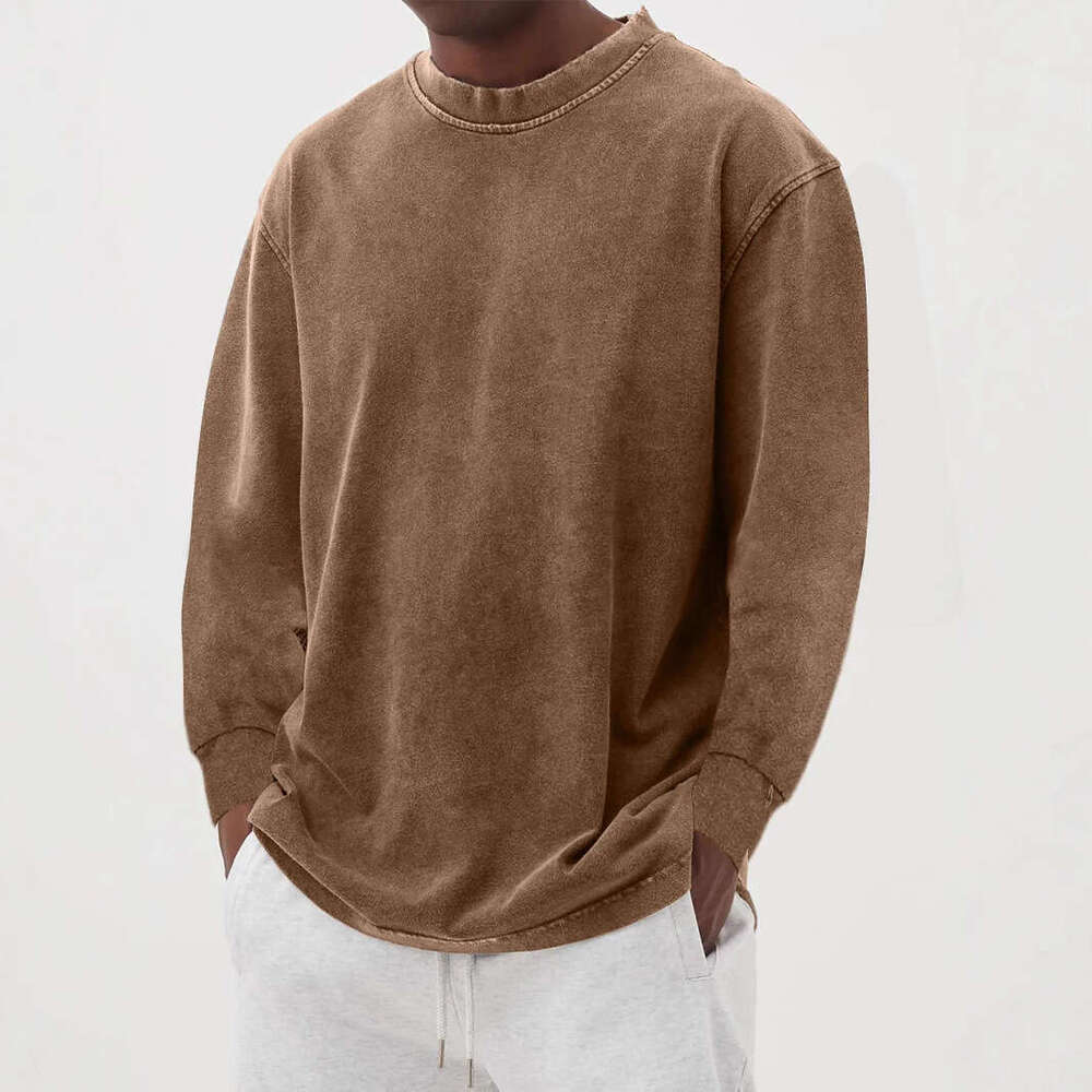 European and American cross-border men's casual pure cotton long-sleeve round-neck loose T-shirt vintage style