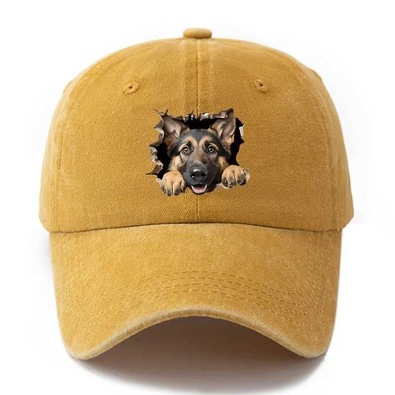 Adjustable retro washed baseball cap with German Shepherd print suitable for casual hip-hop hats at parties and festivals S260306