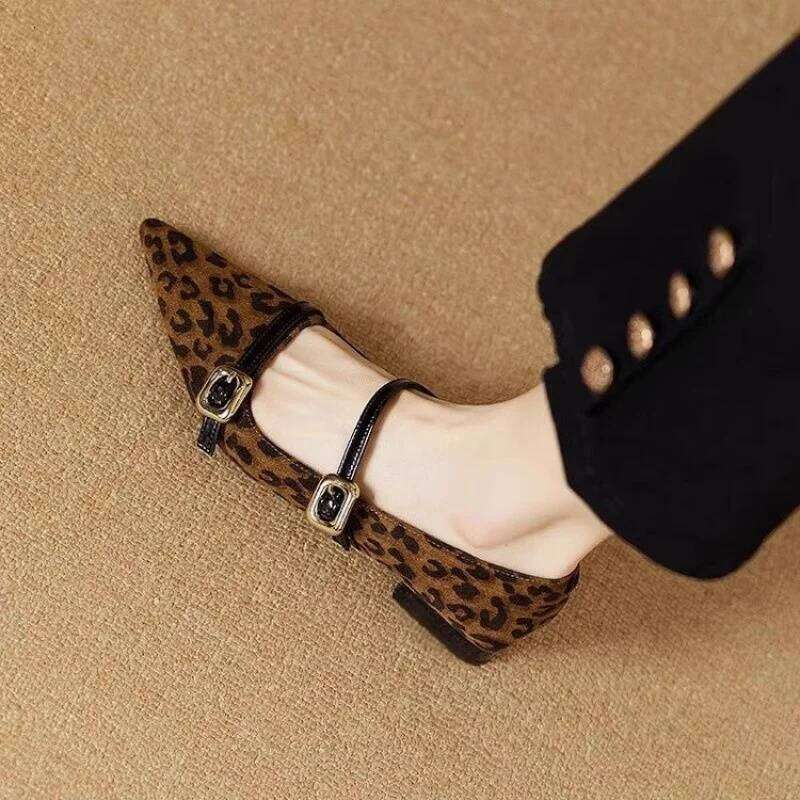 Autumn New French Style Pointed-Toe Leopard Print Mary Jane Shoes-Black Elegant Fashion Shoes with Single Strap for Women