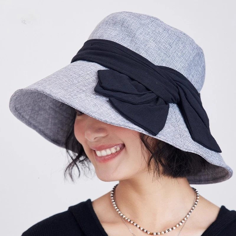 USPOP Elegant Wide Brim Cotton Linen Bucket Hat for Women Summer Sun Hat with Bow Foldable UV Protection Beach Hat 260228