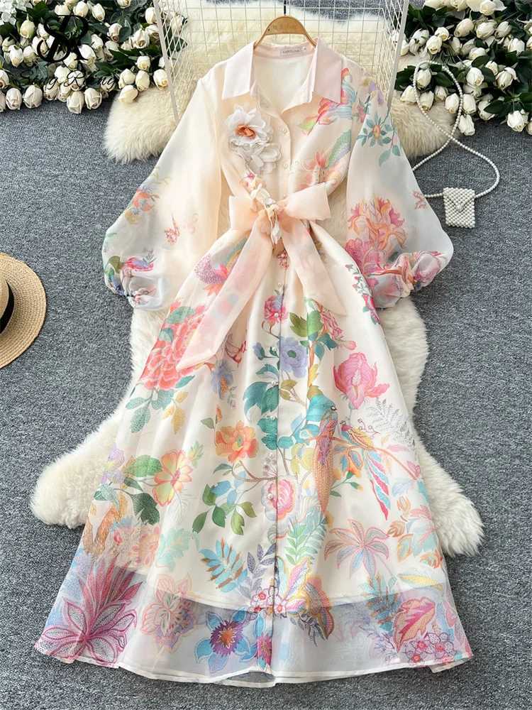 SINGREINY High Quality 3D Floral Dress Female Single Breasted Puff Sleeves Chic French Vintage Senior Organza Print Long Dress X260306