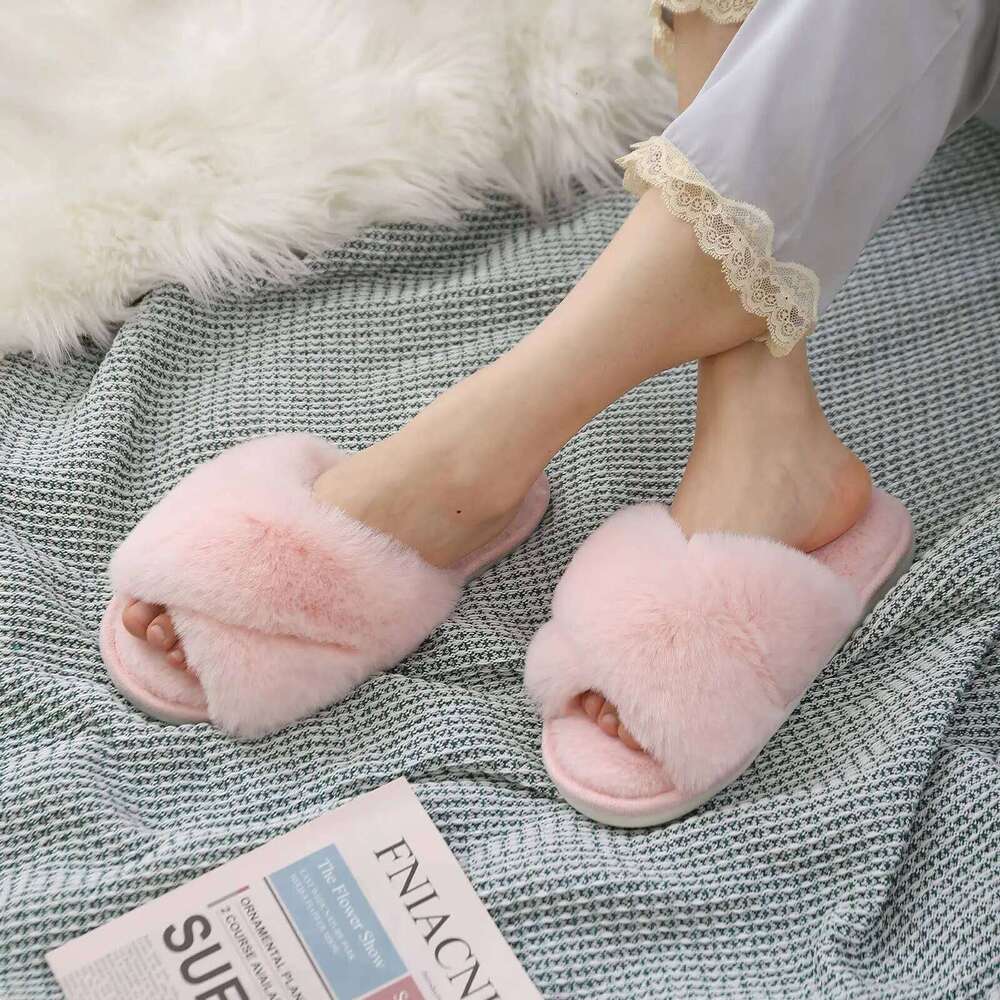 Litfun Warm Fluffy Home For Women Fashion Winter Indoor Open Toe Cross Brand Shoes Casual Furry Bedroom Slippers