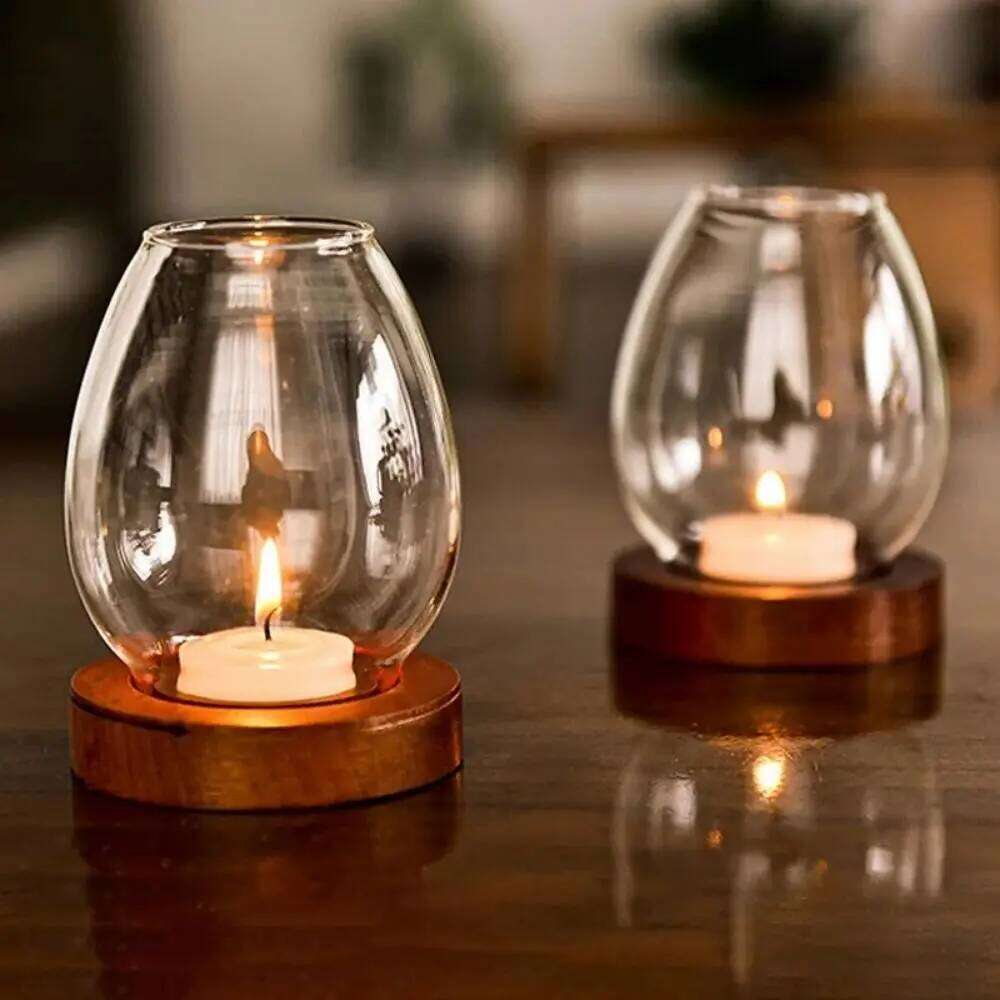 Transparent Glass Candlesticks Hollow Windproof Holder with Wood Base Round Candle Cup Cover Dining Table Decoration XJ260305