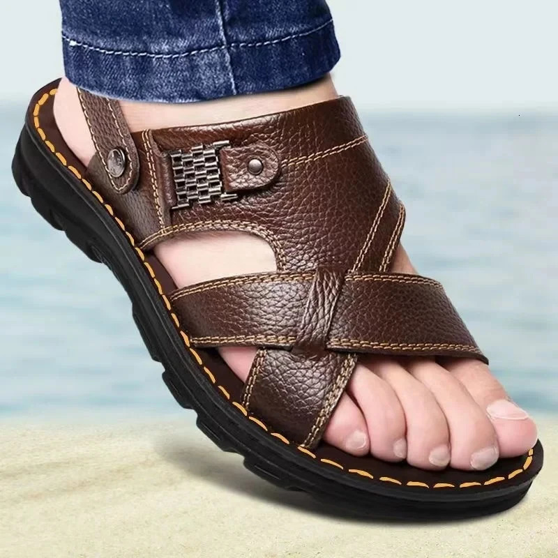 Summer Men Leather Sandals Genuine Leather Non-slip Men Shoes Slippers Outdoor Thick-soled Beach Shoes Comfor Soft Men sandalias 260304