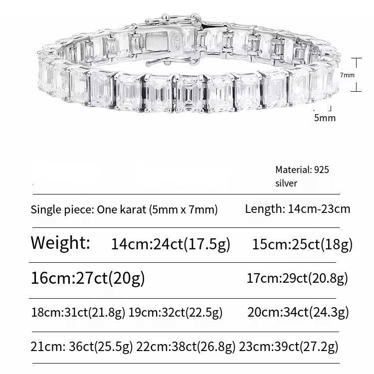 Luxury S925 Sterling Silver Platinum Plated Non Tarnish Emerald Cut 04CT 1CT VVS GRA Moissanite Jewelry Tennis Bracelet for Men
