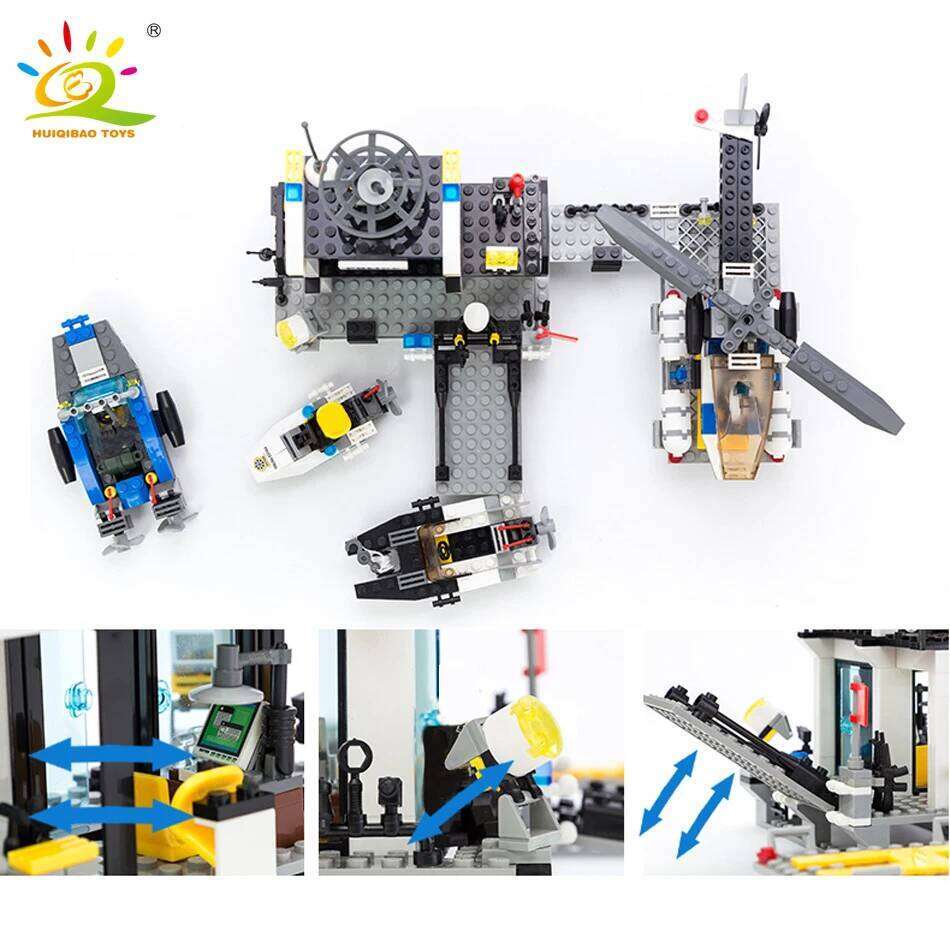 HUIQIBAO City Police Station Building Blocks Prison Truck Helicopter Boat with Policemen Construction Bricks Toys for Children Z260306