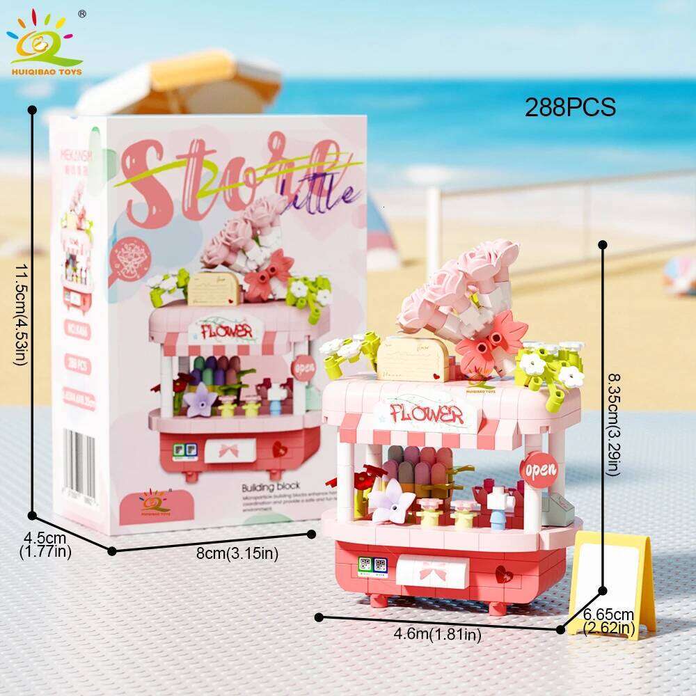 HUIQIBAO Cute MOC Dessert Street Shop model Micro Building Block Flower Model Mini Brick Toy for Children Desk Home Decoration Z260306