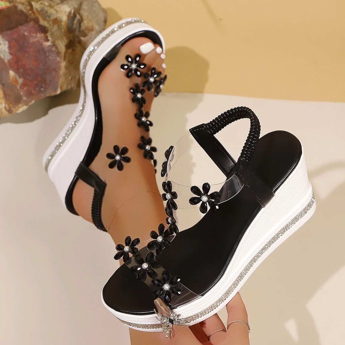 Crystal Flower Decor Chunky Platform Sandals Women 2026 Summer Thick Bottom Wedge Sandals Woman Plus Size 43 Sandalias Mujer 260305