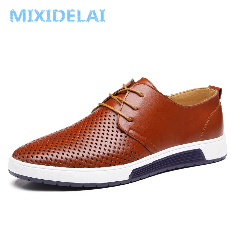 MIXIDELAI Summer Breathable Holes Soft Male Casual Leather Shoes Adult Flat Footwear Comfortable Shoes For Men 260305