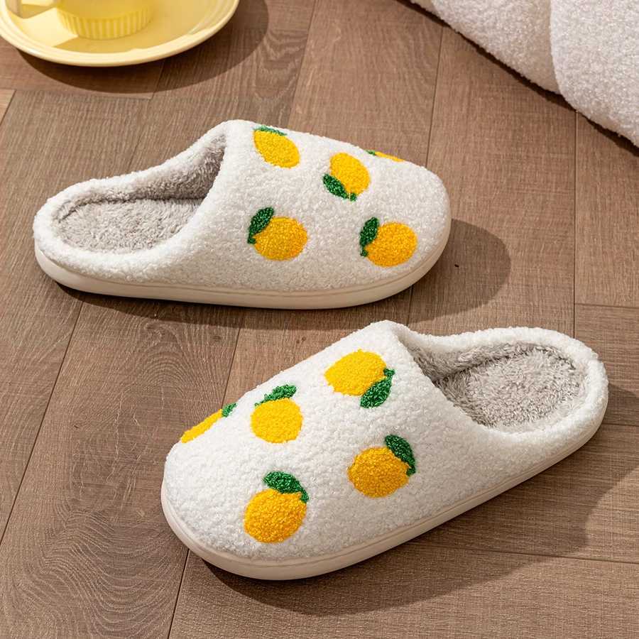 Lemon Embroidered Pattern Leisure Cute Home Womens Slippers Simple Winter Indoor Soft Sole Warm Bedroom Plush Shoes Comfy Fruit S260305