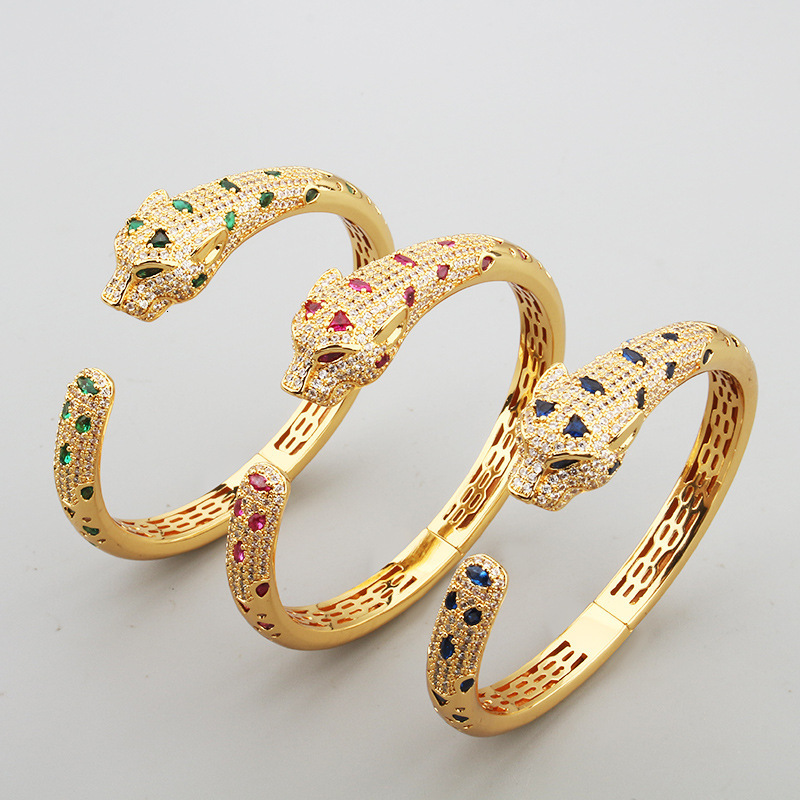 Bracelet And Style Exaggerated Light Luxury Temperament Bracelet Inlaid Colorful Zircon Bracelet Popular Women's Open Leopard Head Bracelet