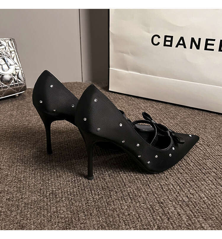 Women 2026 High End Dot French Style Bow Square Toed Black Rhinestone Single Women S Shoes New High Heels