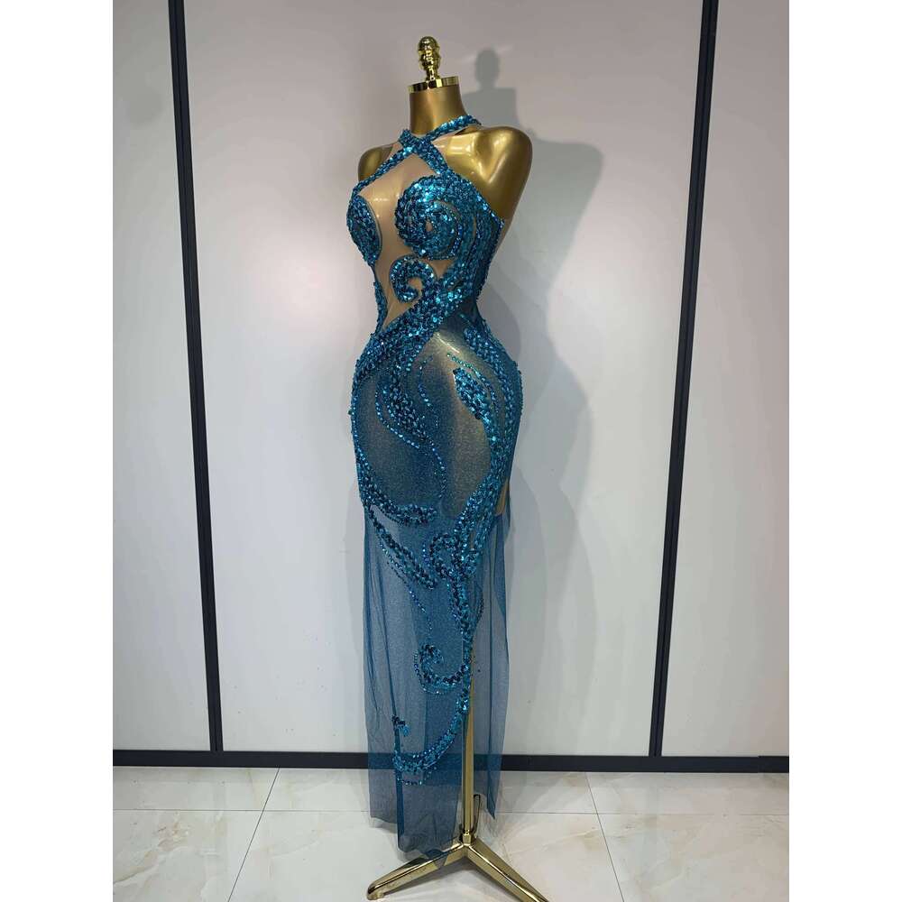 Women Luxury Blue Rhinestones Sequines Mesh Transparent Long Club Evening Party Dress Birthday Photoshoot Clothing