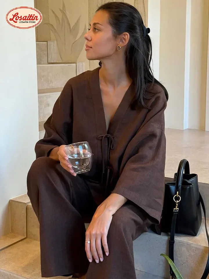 Brown Cotton Linen Suit For Women Chic Full Sleeves V-neck Lace-up Cardigan Loose Pants Set 2026 Summer Lady Casual Streetwear 260305