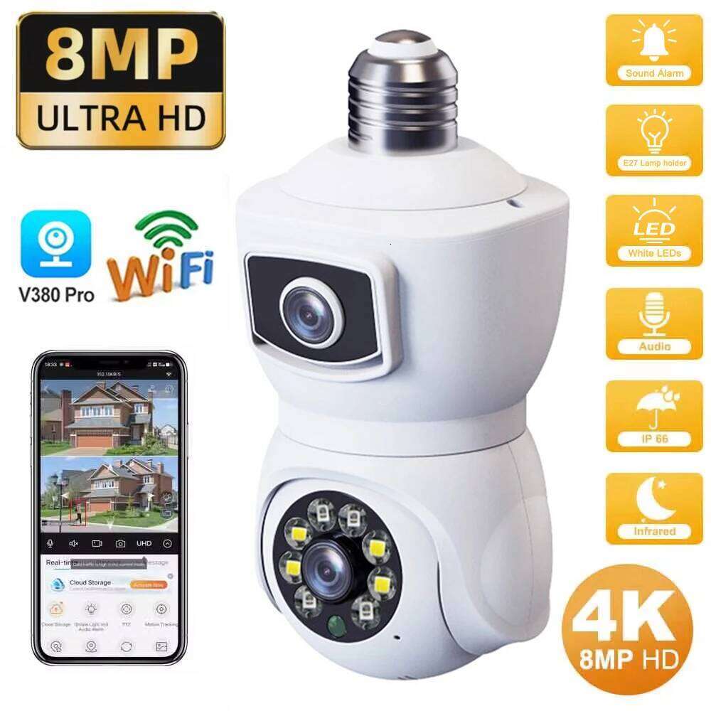 4K 8MP E27 Bulb WiFi Dual Lens Color Night Vision Auto IP Camera Tracking Two Way Audio Indoor Outdoor Security Camcorder 26W0306