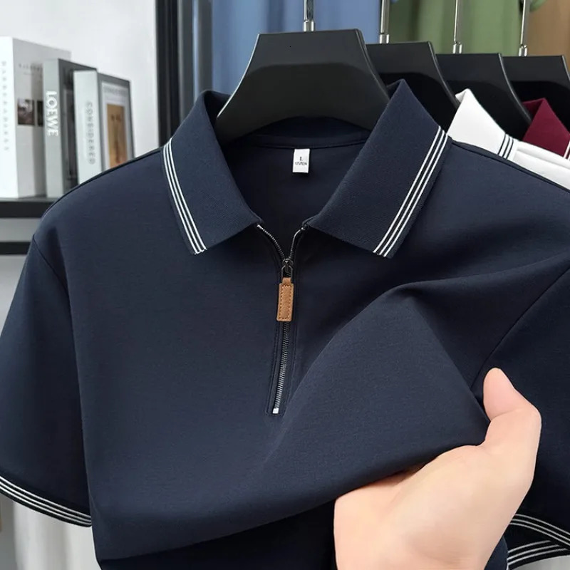 100 Cotton Mens Premium Zip-Up Polo Shirt 7A Antibacterial Quick-Dry Business Casual 260304