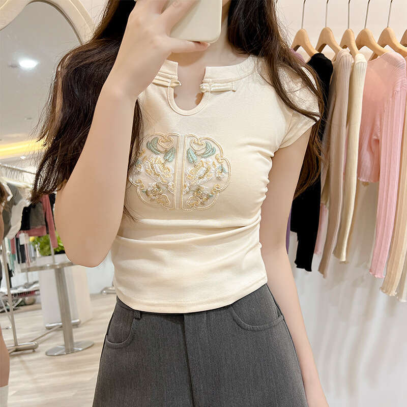 Summer Hot Sale Women's Slim Fit Short Sleeve T-Shirt Waist Cinched Y2k Spicy Girl Style Chinese style casual belly button embroidery top