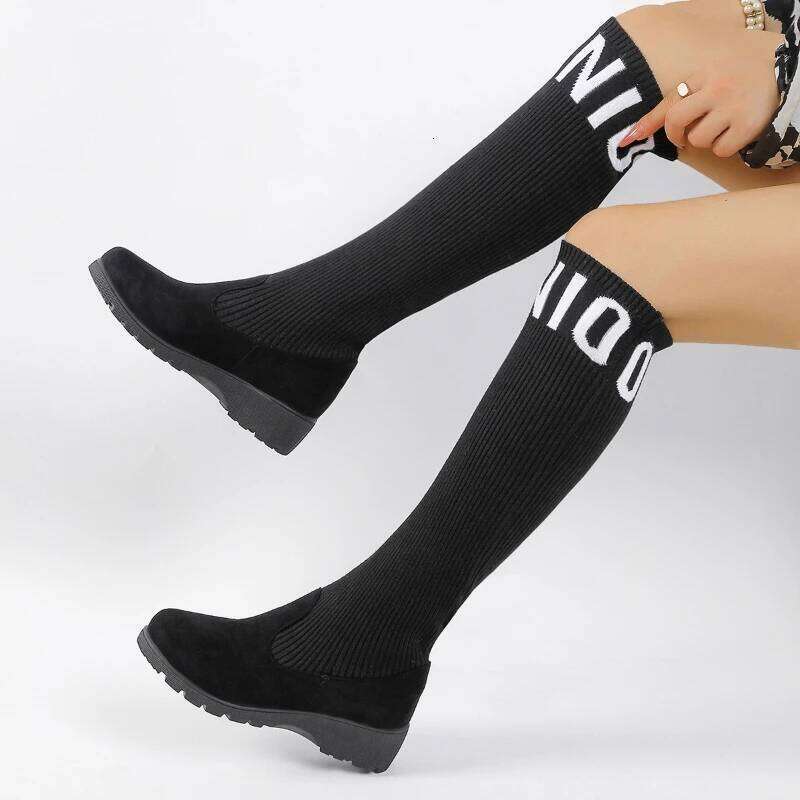 2025 Autumn New Women's Knitted Long Elastic Knee Fashion Letter Printed Socks Boots
