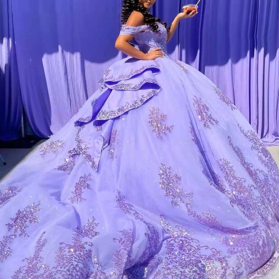 Fashion Lavender Ball Gown Quinceanera Dresses Off-Shoulder Appliques Princess Party Vestidos De