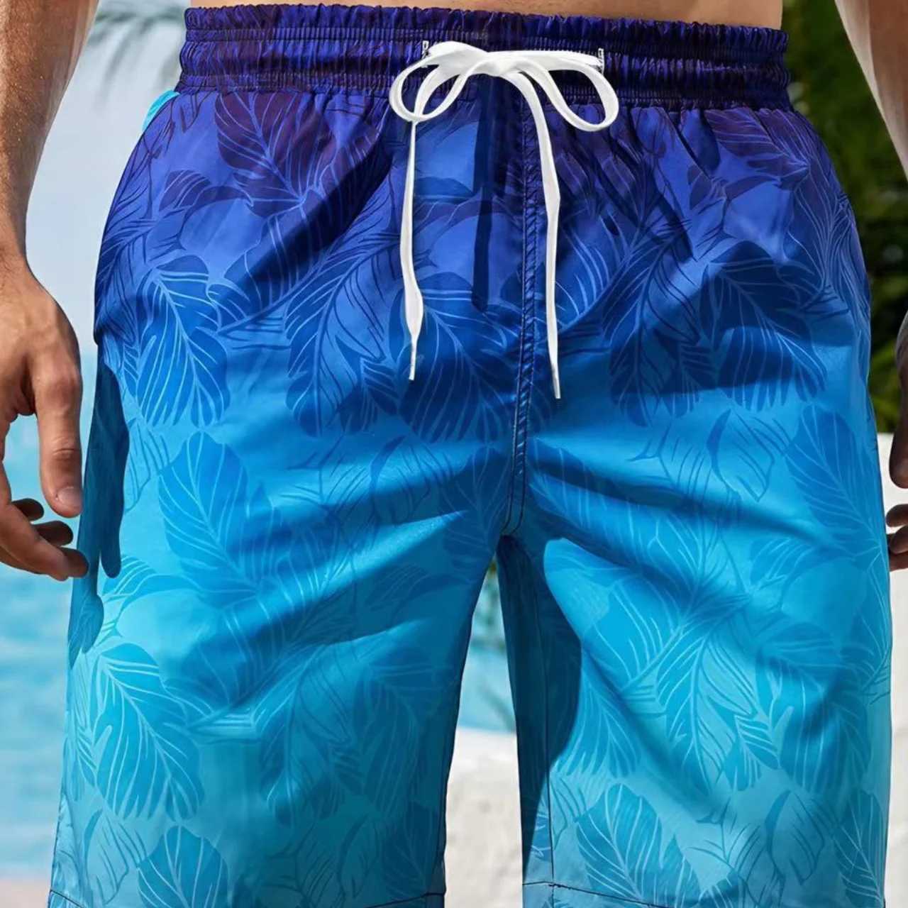Gradient pattern beach shorts mens colorful 3D feather print shorts summer casual vacation shorts loose surfing swim pants X260306
