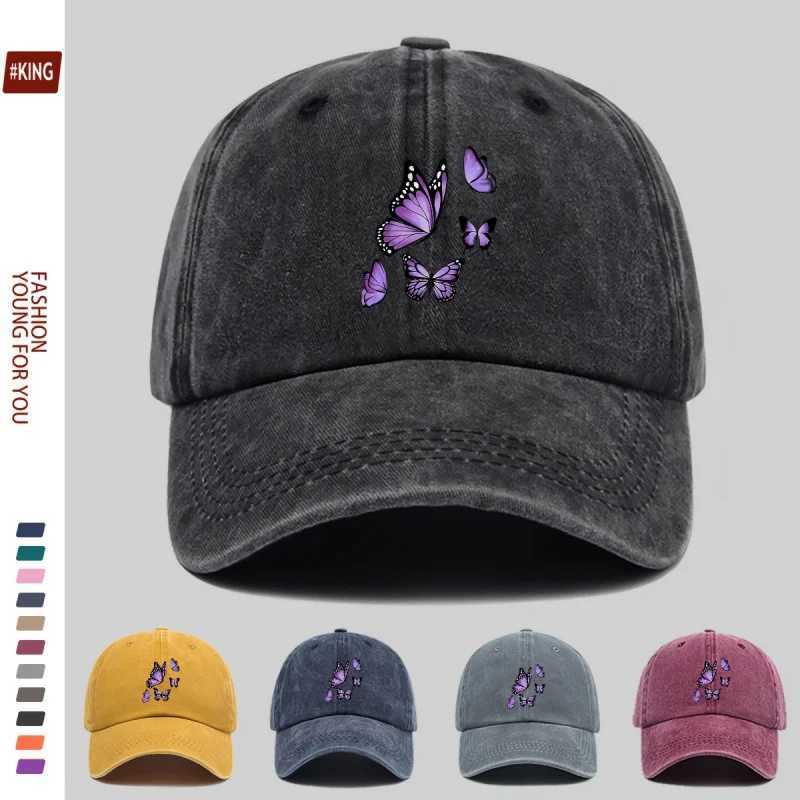 New Simple Versatile Butterfly Print Washed Vintage Soft Top Sunshade Baseball Cap Unisex Baseball Cap S260306