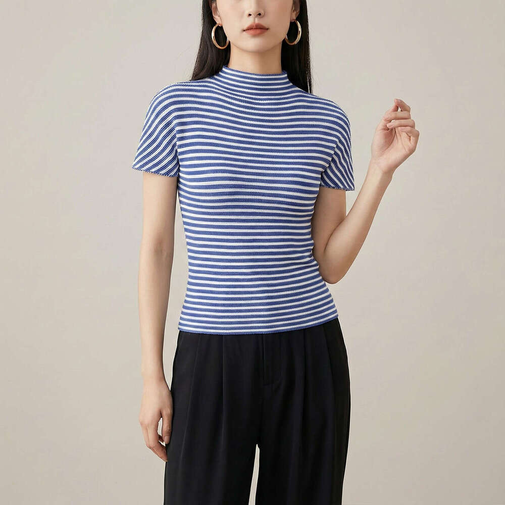 Miyake half-high collar pleated T-shirt for women, 2026 summer new short-sleeve slim-fit blue and white Designer striped top