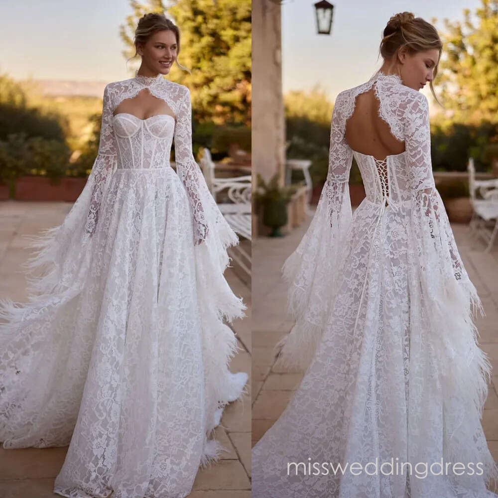Unique A-Line Wedding Dresses for Women - Long Sleeve Lace Bridal Gowns with Tulle Jacket and Customized Appliques