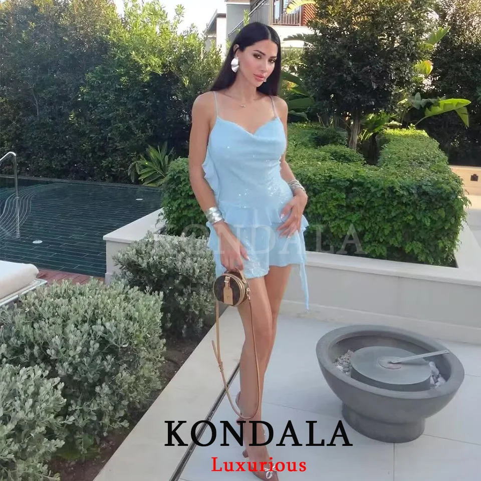 KONDALA Sexy Chic Women Dress Solid Cami Backless Sequined Tierred Mini Short Fashion Fall Evening Club Party 260302