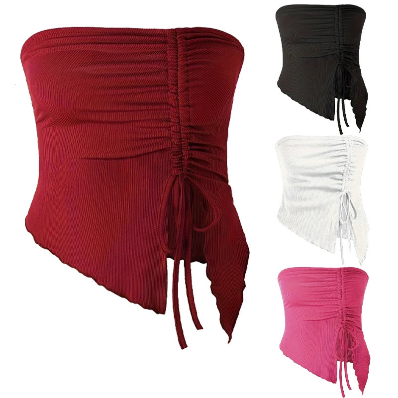 Spring Summer Y2K Womens Strapless Sleeveless Tube Top Mesh Ruched Side Asymmetrical Lace up Bandeau Cami Tank Tops Streetwear 260306