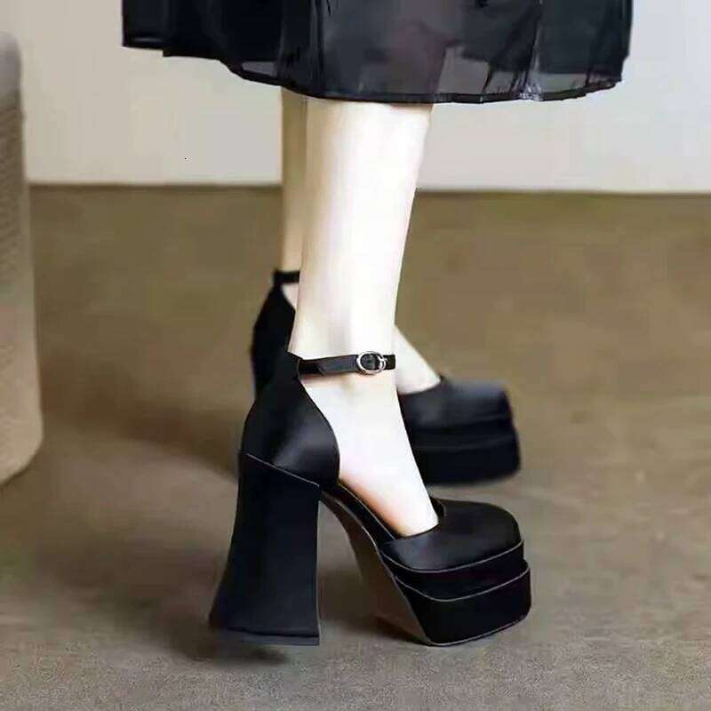 2025 Women'S High Chunky Platform Closed Block Heels Square Toe Ankle Strap Dress Wedding Party Prom Pumps Shoes