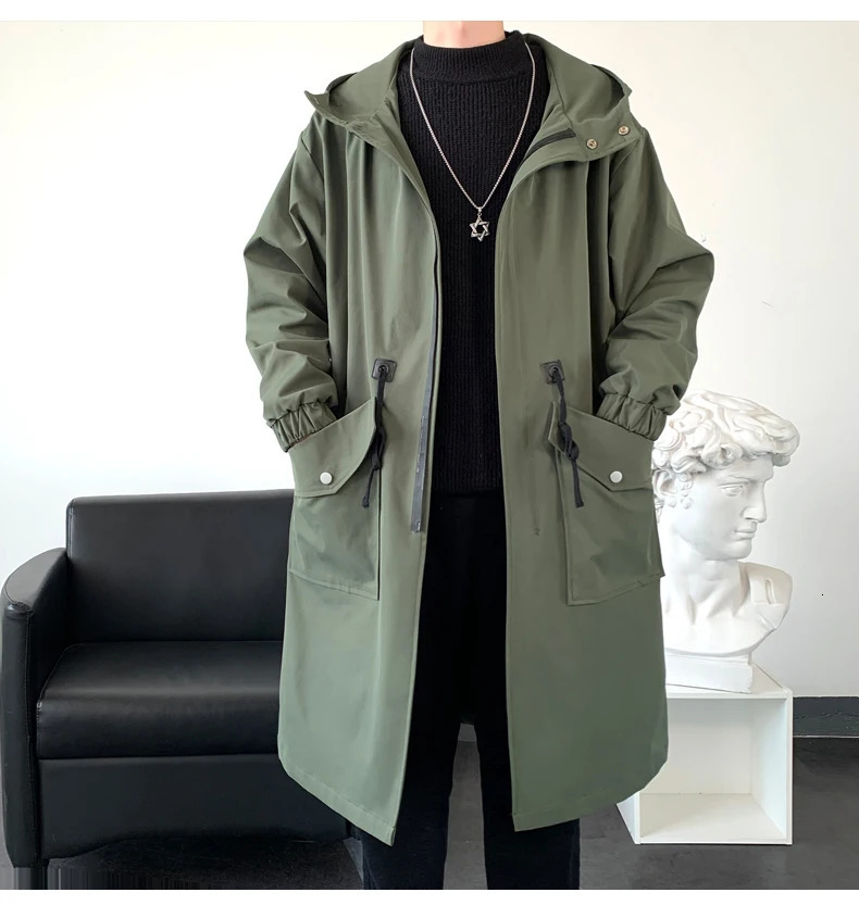 Trench Coat Mens Fashion Army green Overcoat Men Casual Windbreaker Solid Long Male Autumn Homme BlackKhakiArmy 260302