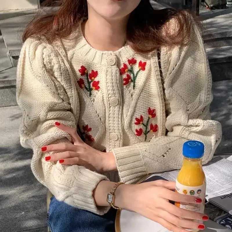 Retro Embroidery Knitted Cardigan Women Korean Chic Round Neck Short Twist Sweater Coat Autumn Winter Sweet Y2k Tops M260306