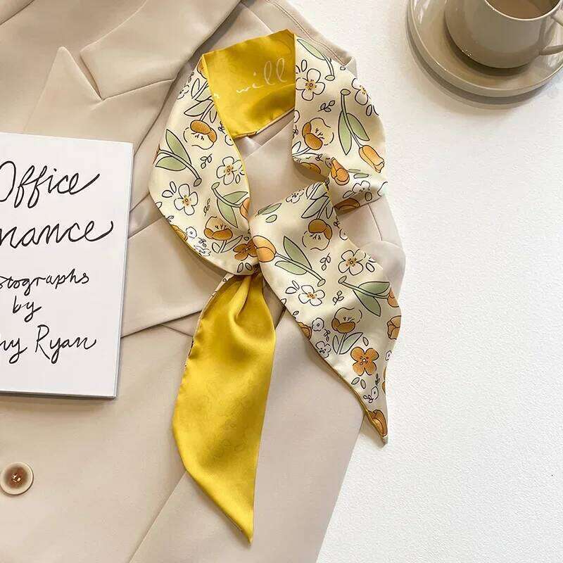 Yellow pastel color multifunctional decoration small silk scarf, women's French hair collar scarf bag accessories 26Y0306