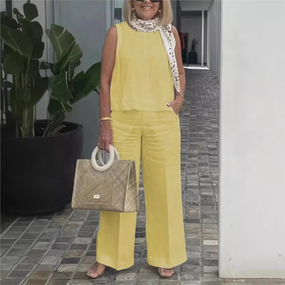 Spring Summer Cotton Linen Solid Color Sleeveless Vest Top Women Pants Suit Casual Pocket Elegant Female Office Retro 2Piece Set 260305