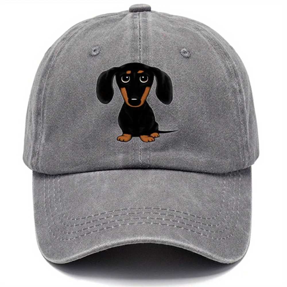 Retro washed baseball cap with dachshund print casual style worn-out adjustable dad hat S260306