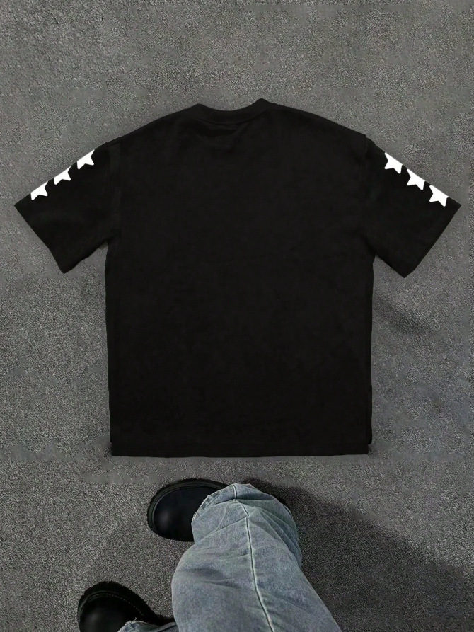 European and American Hiphop style T-shirt with star and letter patterns trendy American top unique and niche design sense